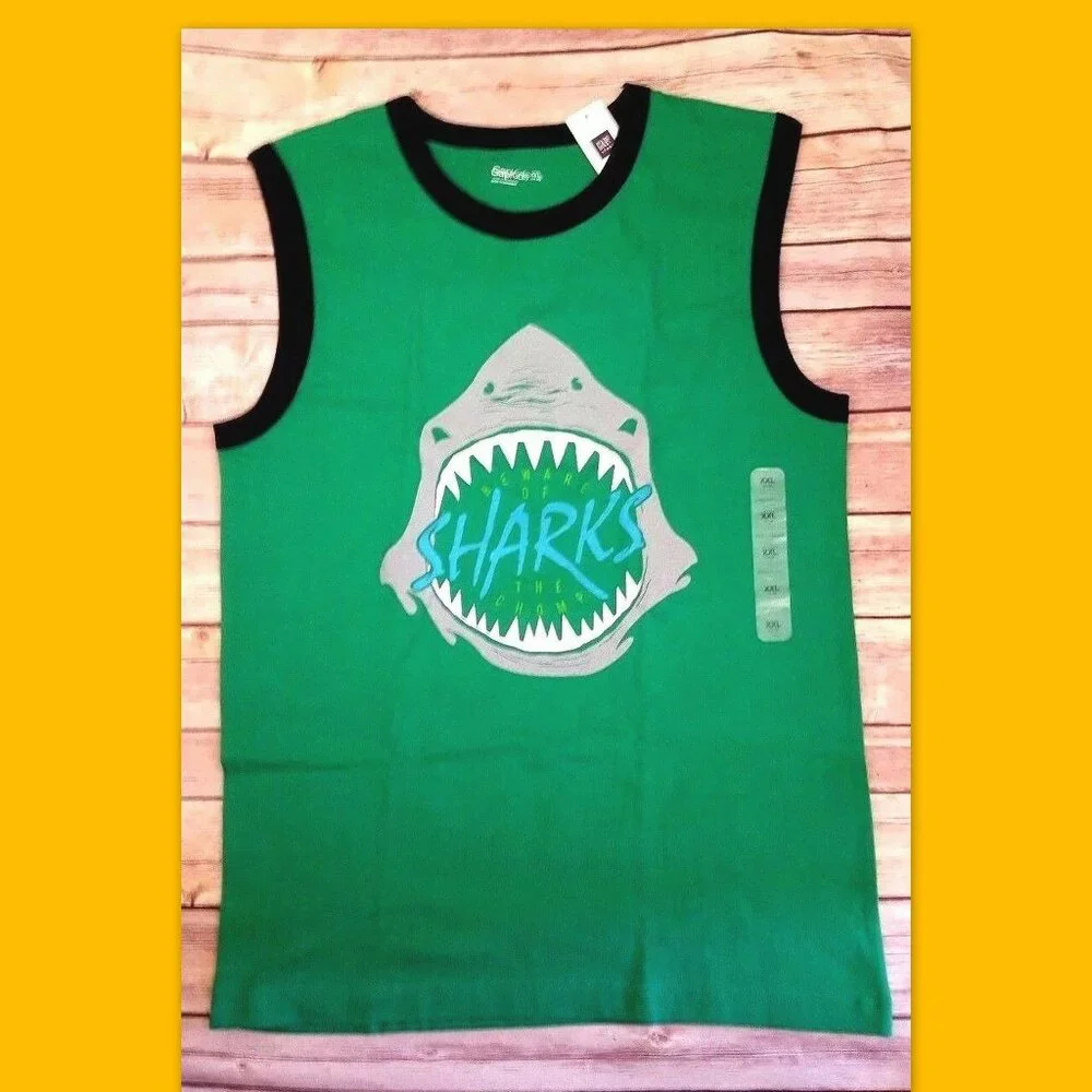 Nwt Gap Kids Boys 14-16 green Shark Tank sleeveless tee, T-Shirt - Picture 1 of 2